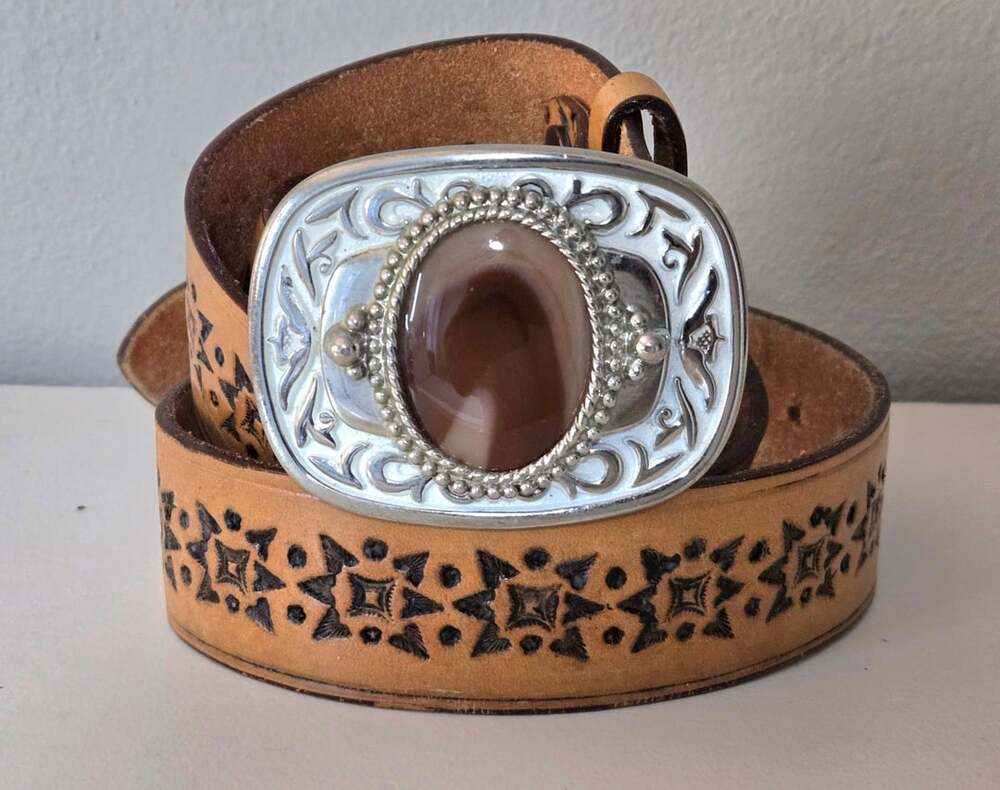 Vogel of Texas Western Belt Size 38 Brown Top Grain Steer Hide Gemstone Buckle